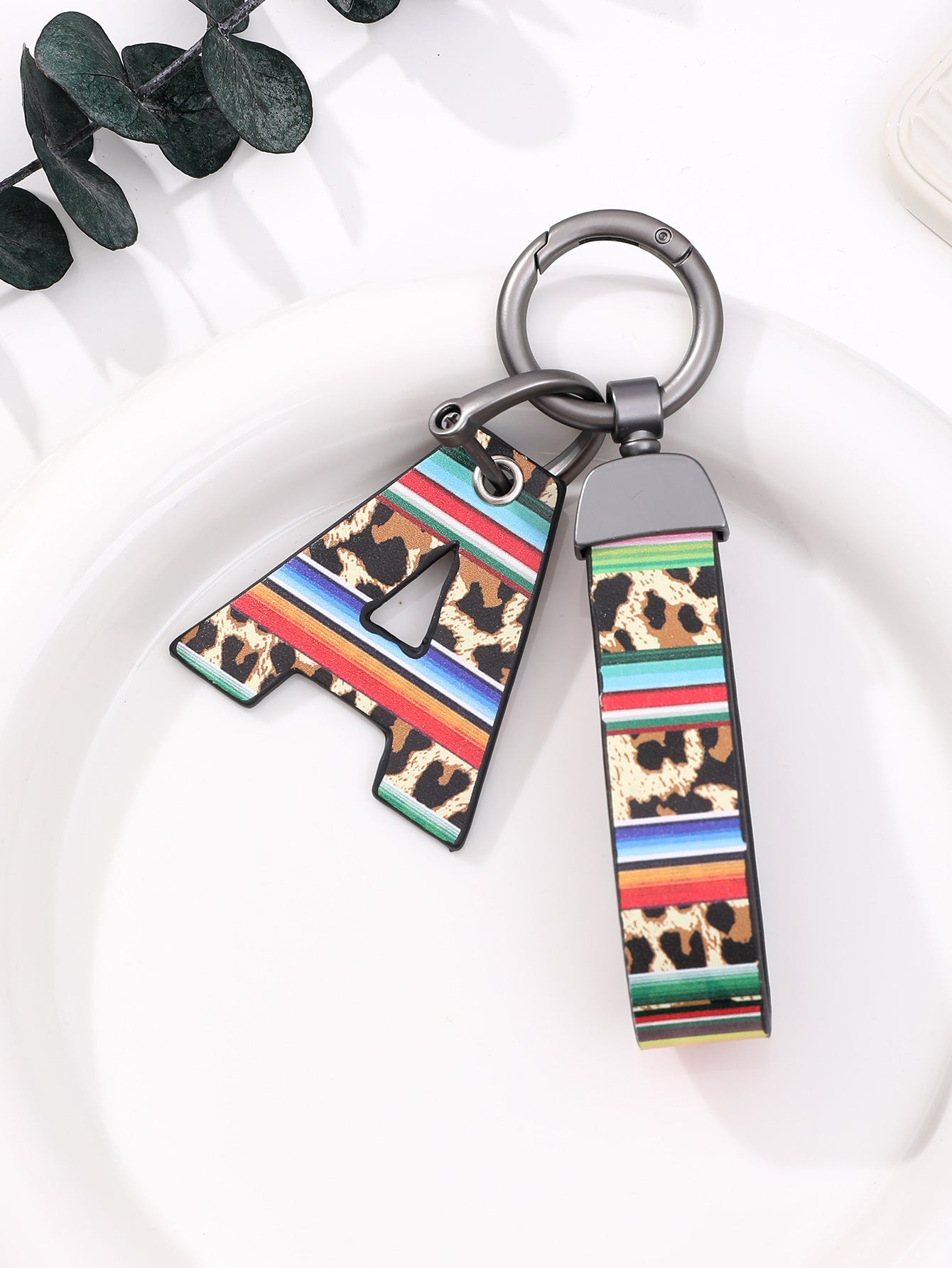 Wholesale Aztec Western Style Leopard Print Colorful Stripes Oil Edge Leather Keychain
